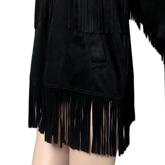 Zara Black Fringe Western Style Retro Jacket Size L Side Pockets Long Sleeves - Picture 11 of 15